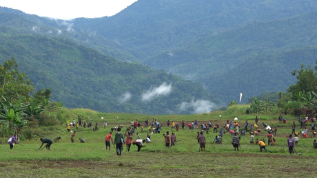Community of Maramb cutting grass on the airstrip