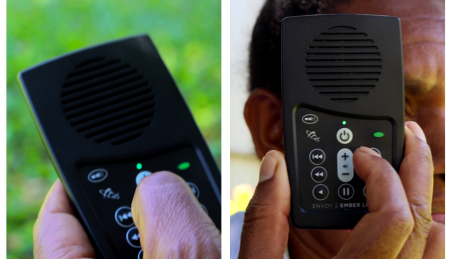 A two picture collage of a audio Bible player