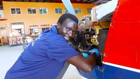 John Chol at work at MAF Uganda hangar