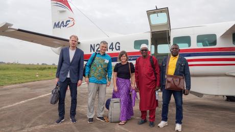 The Lutheran Evangelical Mission team is ready for the flight to Nzerekorer with the MAF plane.