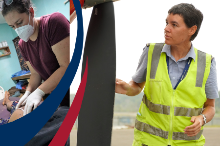 On left, Jessica Hunt examining pregnant woman. On right, Bridget Ingham doing daily pre-flight test.