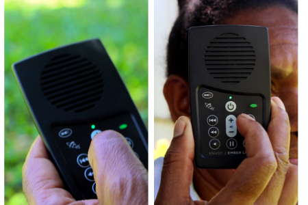 A two picture collage of a audio Bible player