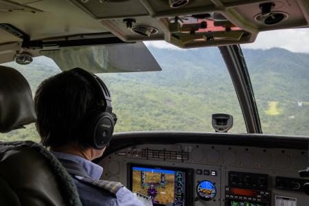 Bridget Ingham on the controls and on approach to one of the bush airstrips