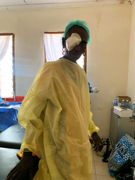 Female patient after eye surgery