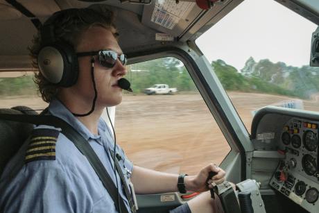 Cockpit interior, pilot landing plane