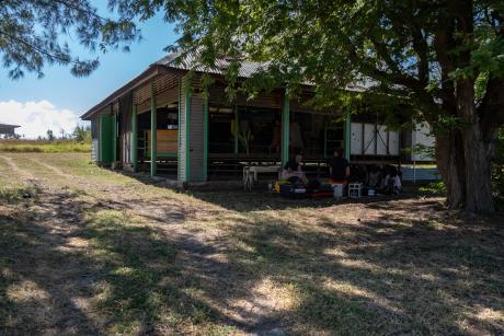 Nurses and clients sitting under a tree next to the local school