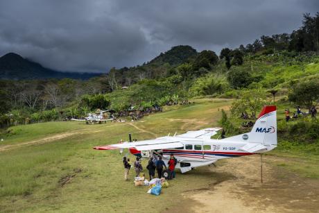 An Aerial view of a MAF Plane somewhere in remote PNG airstrip