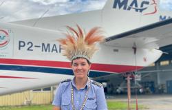 Pilot Bridhet Ingham wearing cultural head piece